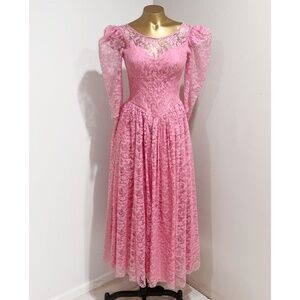 Vintage 80s Pink Basque Waist Puff Sleeve Floral Lace Formal Dress Size 6 XS/S